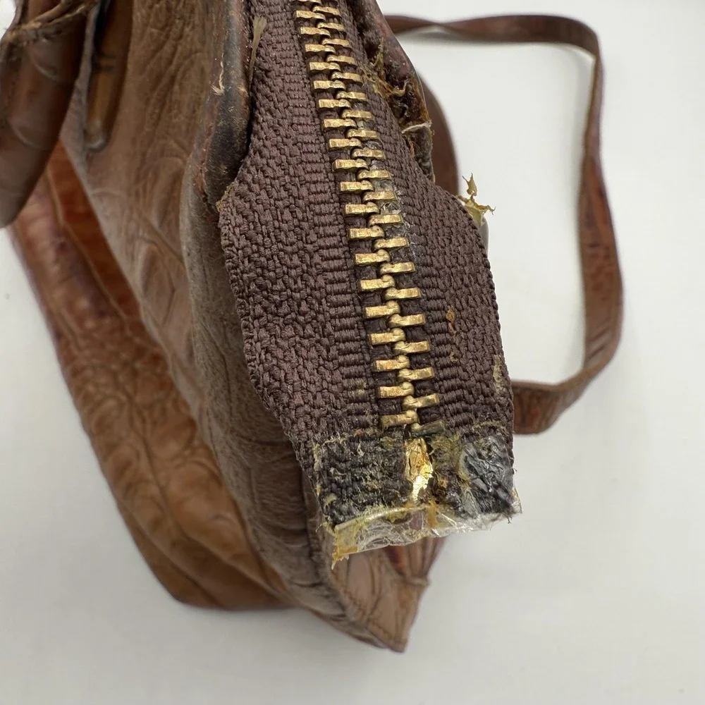 Brahmin Satchel Womens Brown Embossed Croc Leather Shoulder Bag Purse Distressed